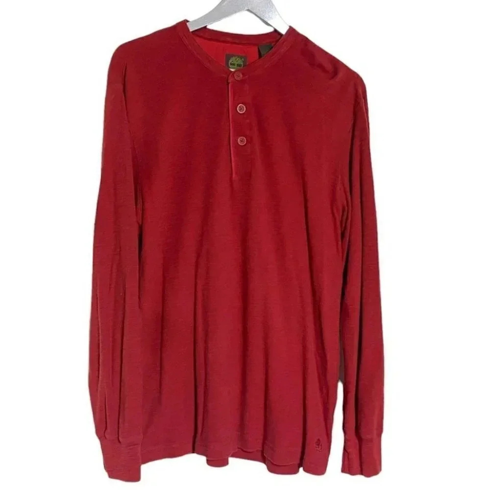 Timberland Henley Large Red Long‎ Sleeve Organic Cotton Waffle Knit Shirt